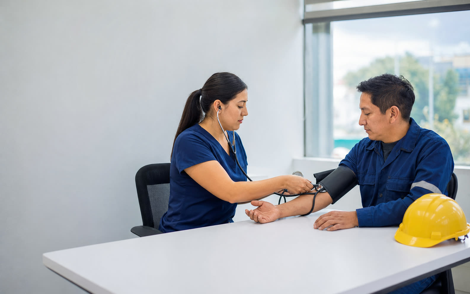 Médica ocupacional ecuatoriana realizando control de presión a un trabajador industrial