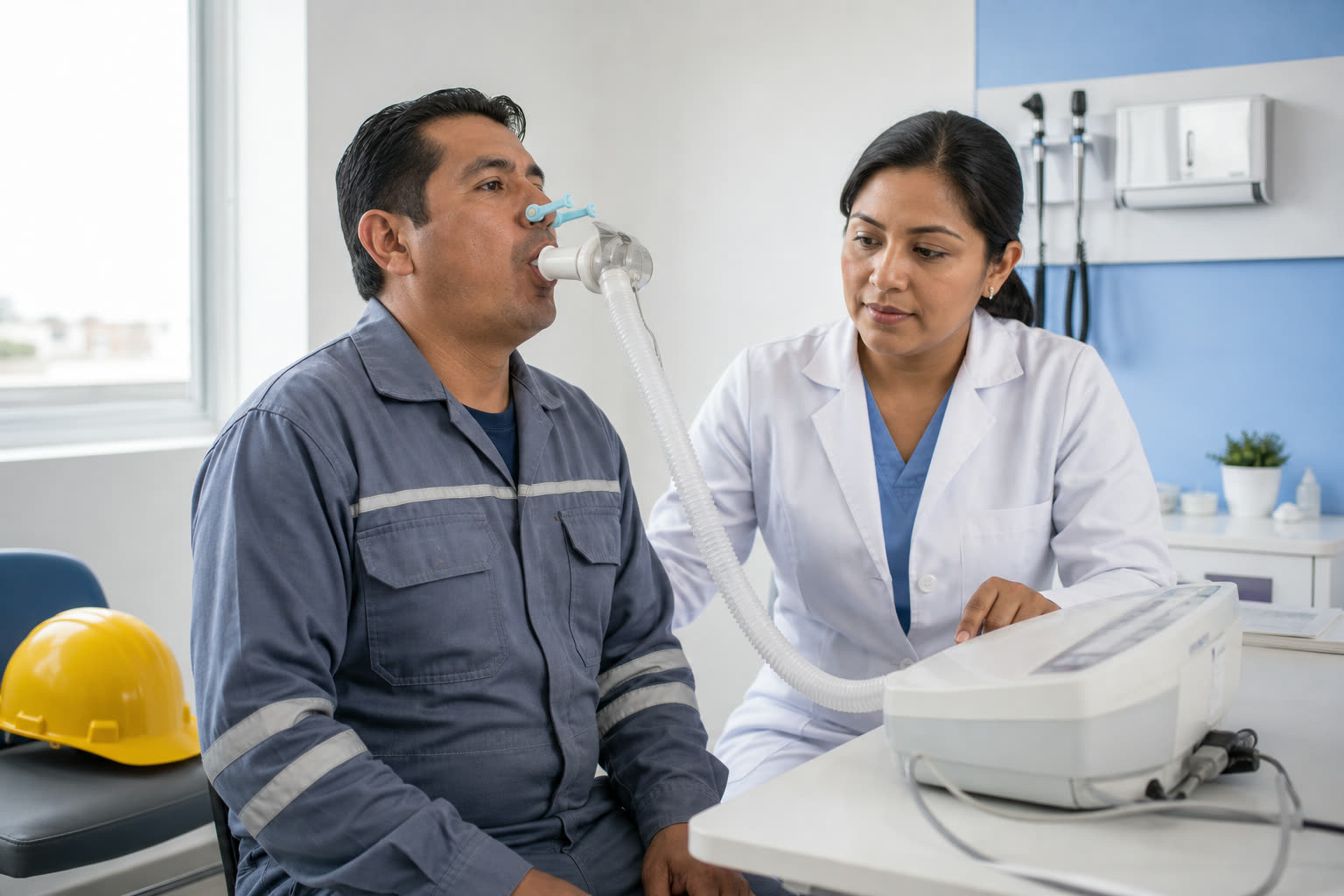 Trabajador ecuatoriano realizando una prueba de espirometría con una profesional de salud