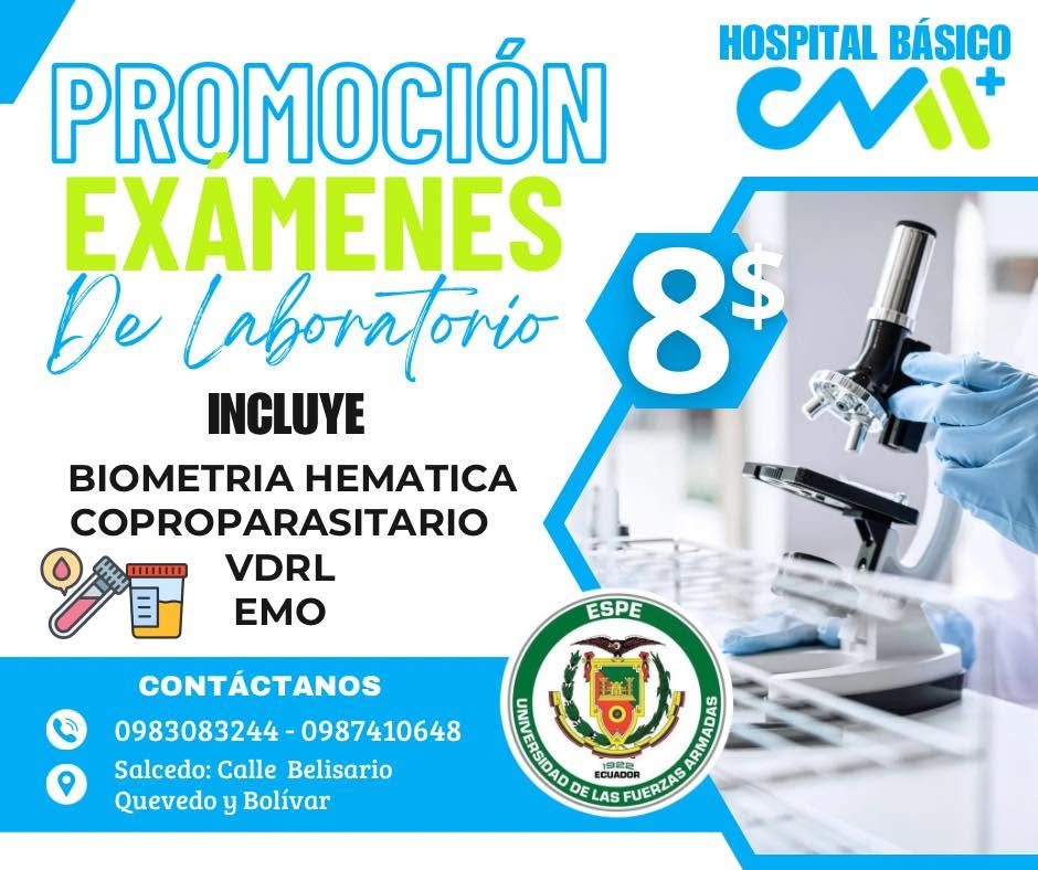 Promoción de exámenes de laboratorio del Hospital Básico CMI por 8 dólares